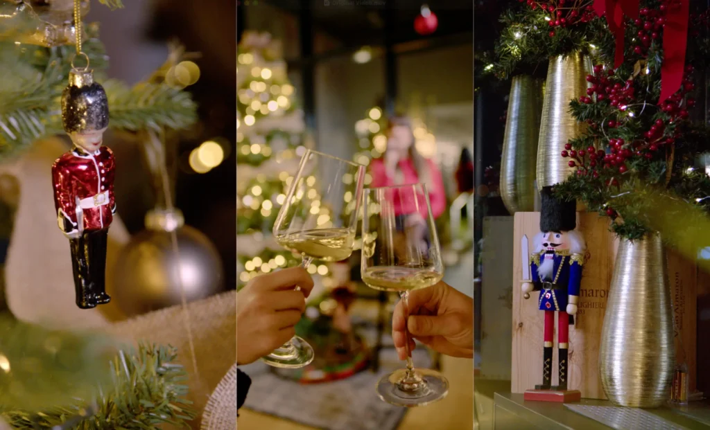 Guests celebrating at a Christmas party with wine and festive decorations