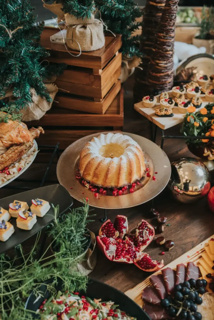 Christmas catering buffet with desserts and festive decorations by Catering Majetic