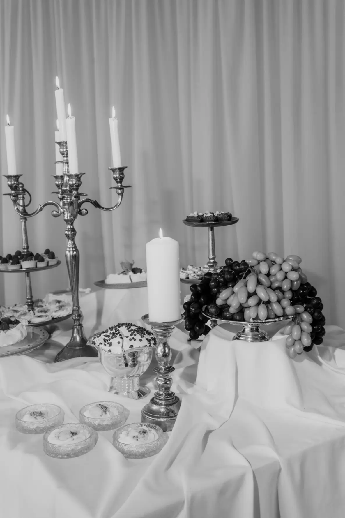 Elegant black and white photography of wedding catering appetizers
