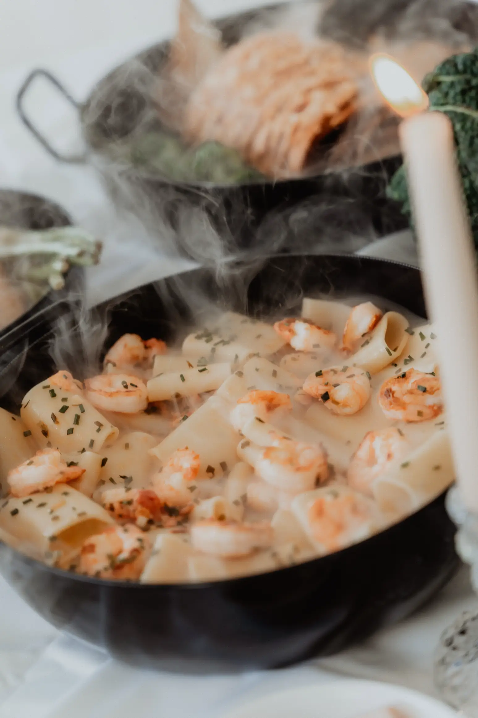 Gourmet shrimp pasta served by Catering Majetic, featuring fresh ingredients and elegant presentation for a luxury wedding banquet.